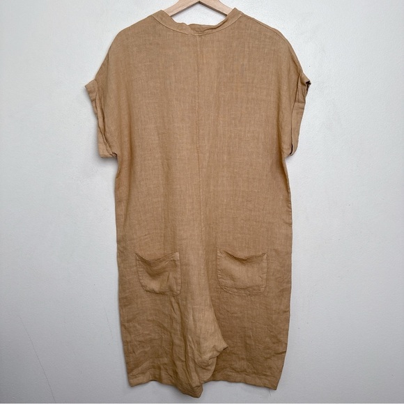 Made In Italy Womens Medium Linen Vneck Button Tan Romper - Picture 12 of 12